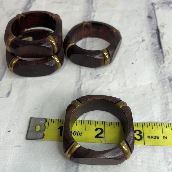 Polished Dark Wood and Brass Napkin Rings Bohemian Set of 4 Made in India - Picture 5 of 5